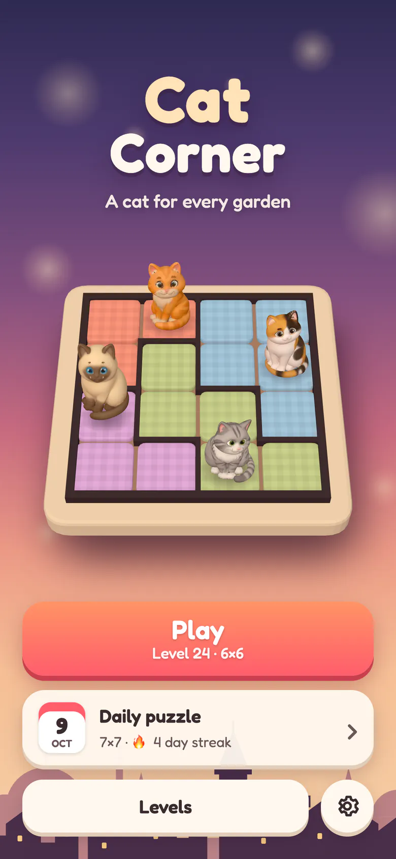 Cat Corner title screen: 3D cats sitting on a pastel puzzle board under the logo, with the Play button and the daily puzzle card.