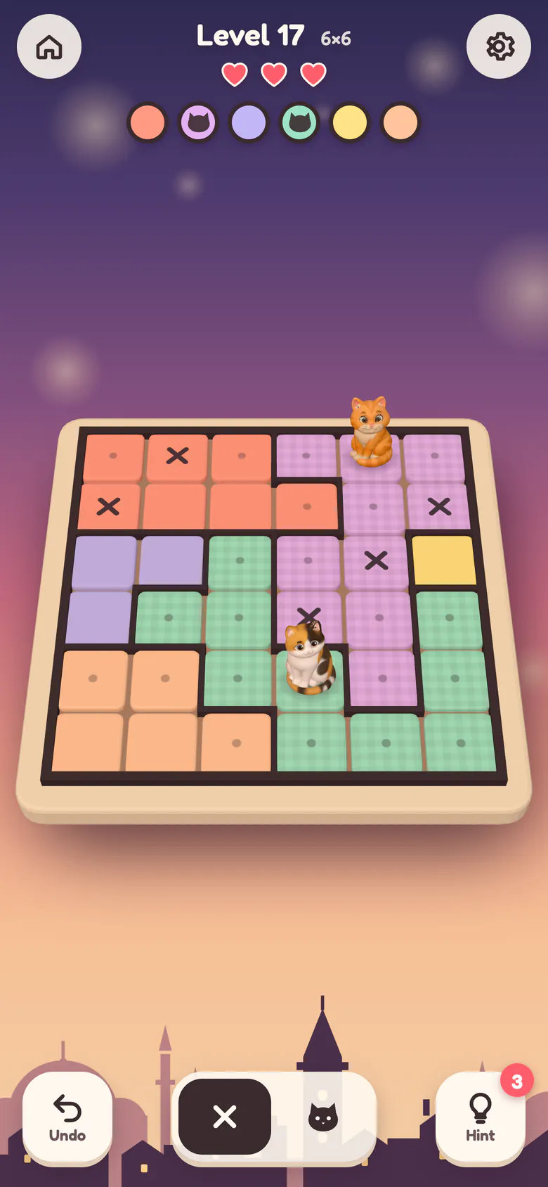 An early 6×6 level: two cats placed in their gardens and × marks on the tiles the player has ruled out.