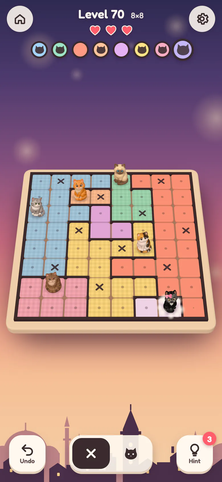 An 8×8 board mid-solve as a black cat lands on its tile with a little puff of dust.