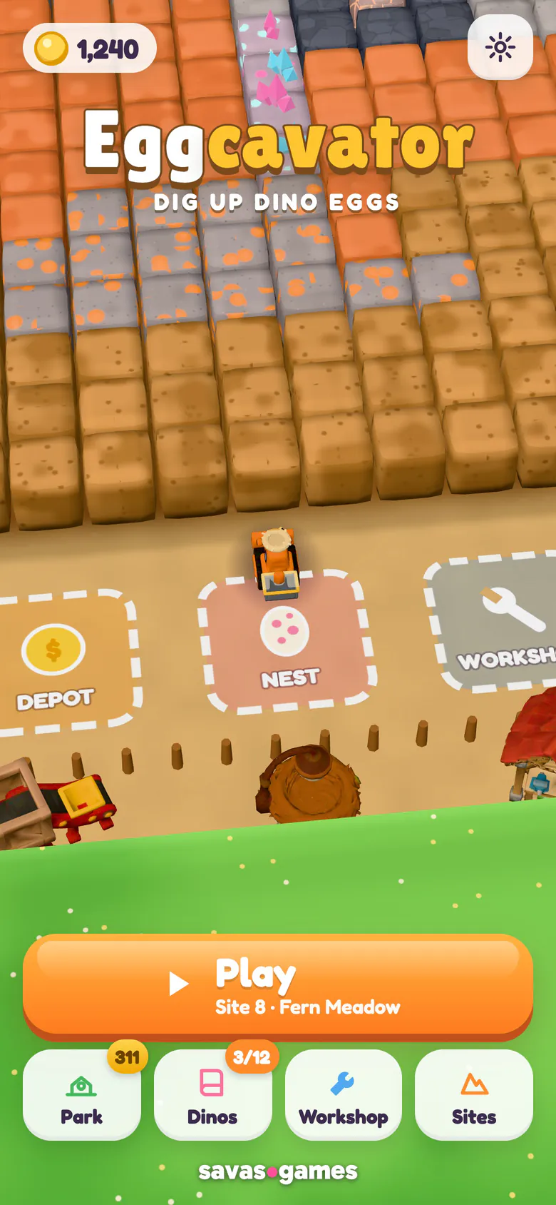 Eggcavator home screen: the logo with the line dig up dino eggs over a camp in Fern Meadow, the little orange digger parked above the nest pad between the depot and workshop pads, a wall of clay, dirt and copper-flecked stone with pink and blue crystals behind it, and the Play button for Site 8 above the Park, Dinos (3 of 12), Workshop and Sites buttons.