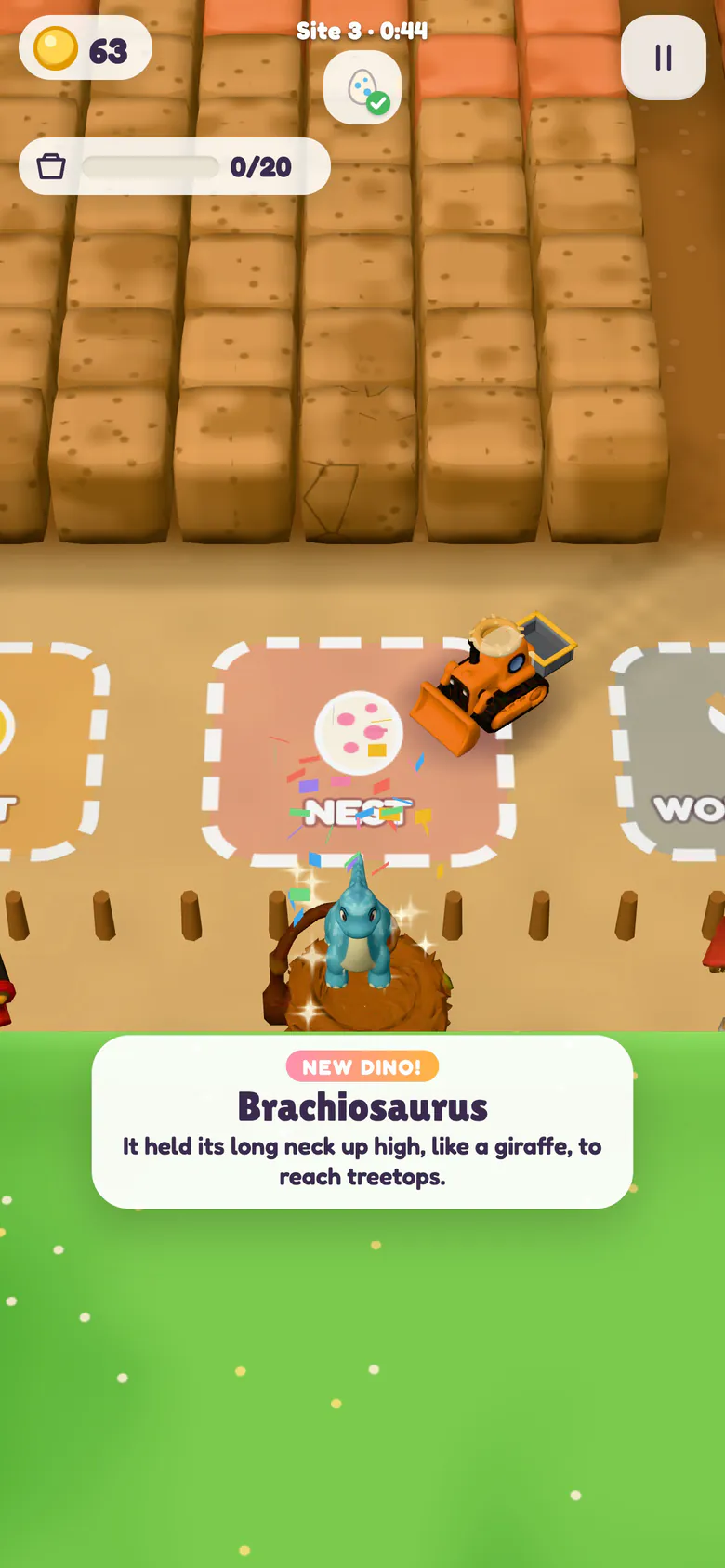 Site 3: a baby Brachiosaurus pops out of the straw nest in a burst of confetti and sparkles as its egg hatches, with a New dino! card giving its name and a fun fact, the digger parked on the nest pad above and rows of dirt blocks behind.
