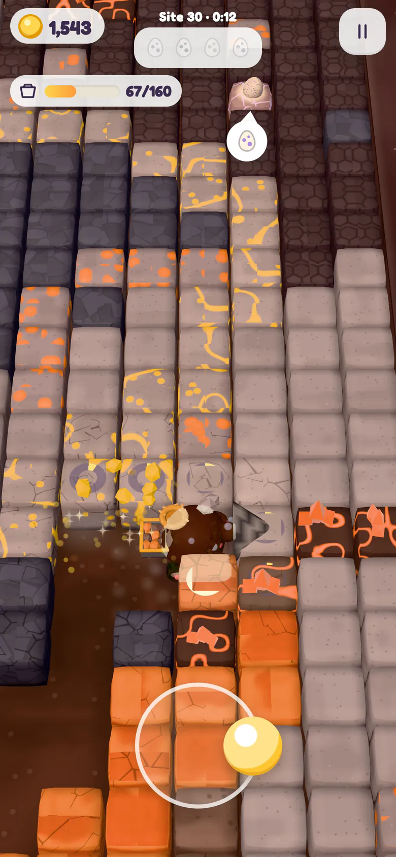 Site 30 on Volcano Rim: the Mega Mole drives its big striped drill into gold-veined stone in a burst of golden chunks, with drill progress rings, glowing magma crystals, orange clay and an egg rock waiting further up.