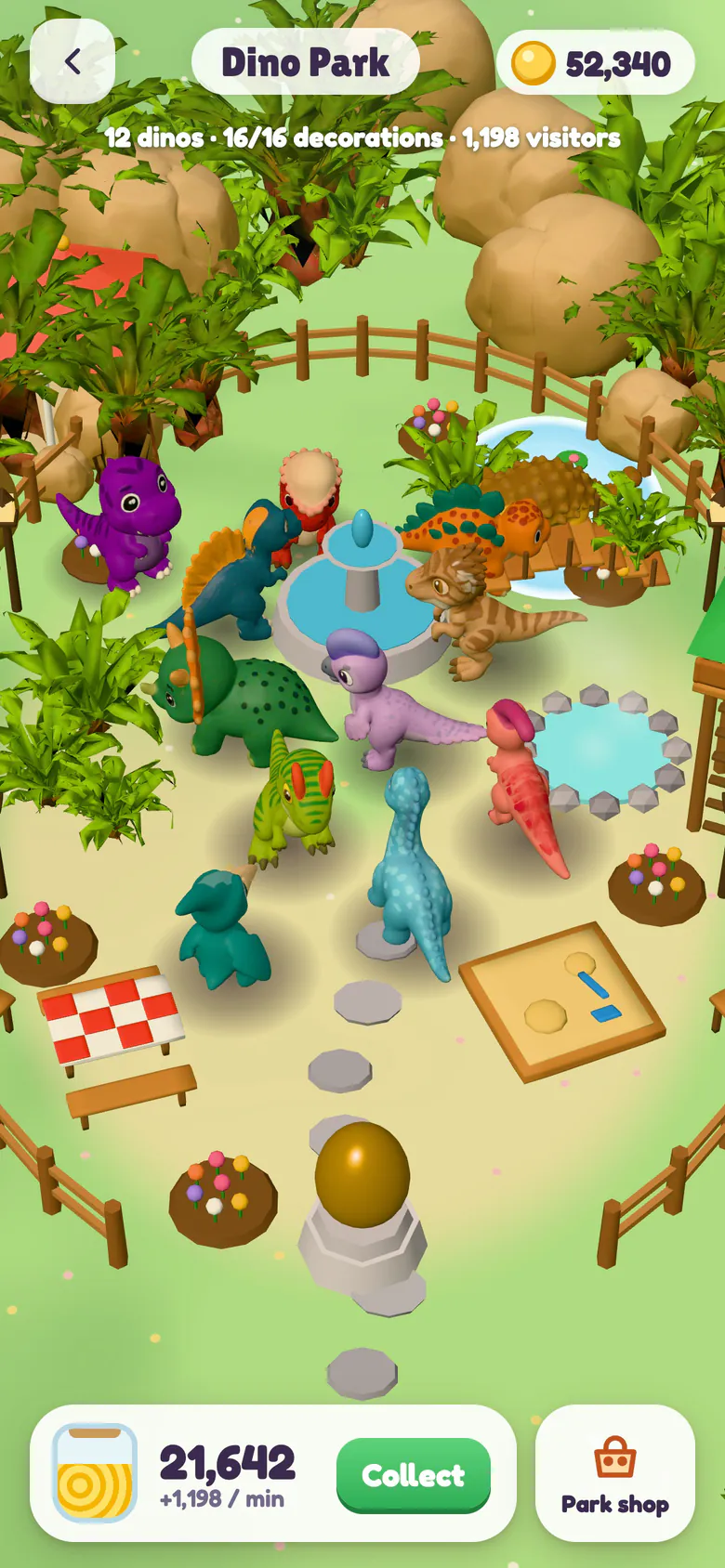 The Dino Park: all twelve baby dinosaurs wander a fenced valley with a fountain, a little bridge over a lily pond, a hot spring, a picnic table, a dig pit, flower beds, stepping stones and a golden egg statue, with the coin jar, a Collect button and the Park shop button below.