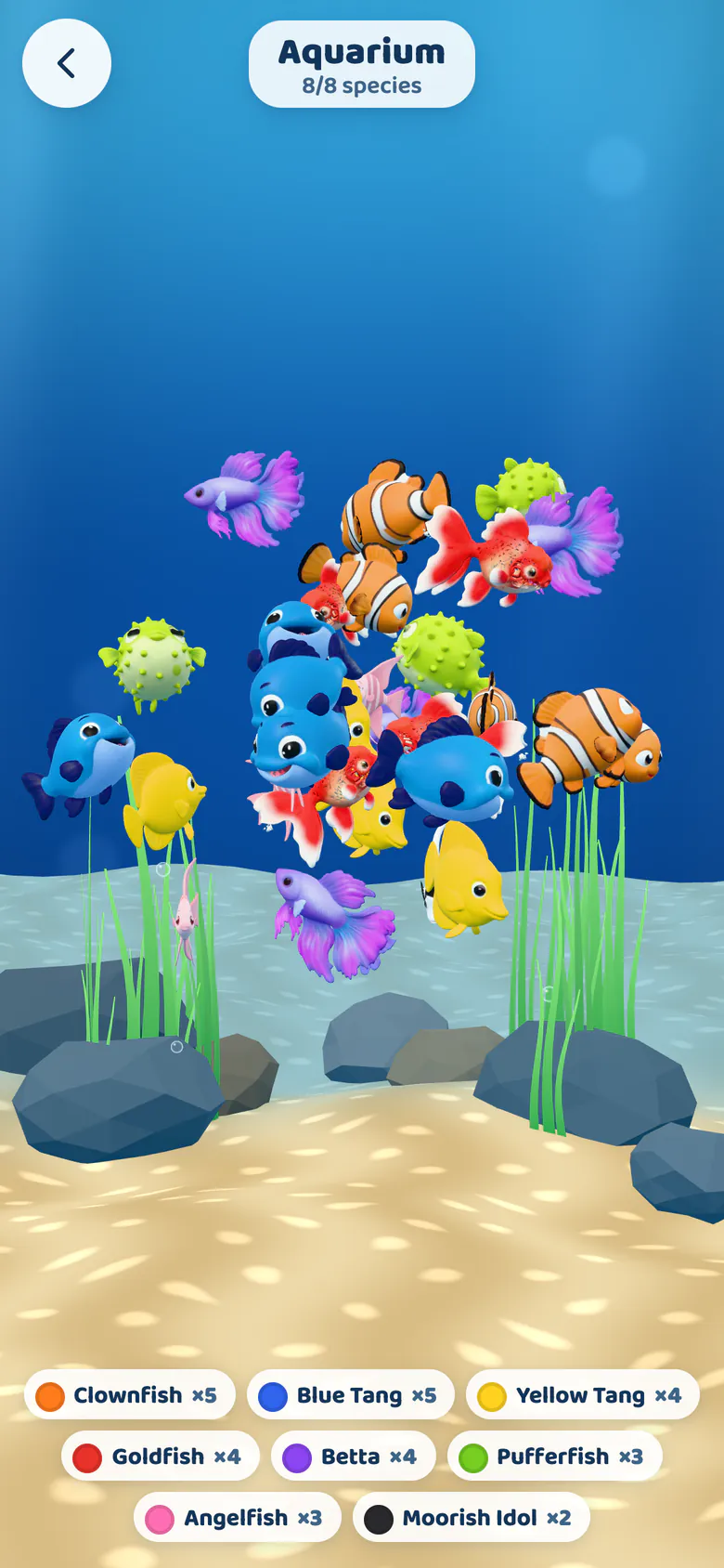 The aquarium: clownfish, blue tangs, goldfish, bettas, pufferfish and angelfish swimming together, with a counter for every species.