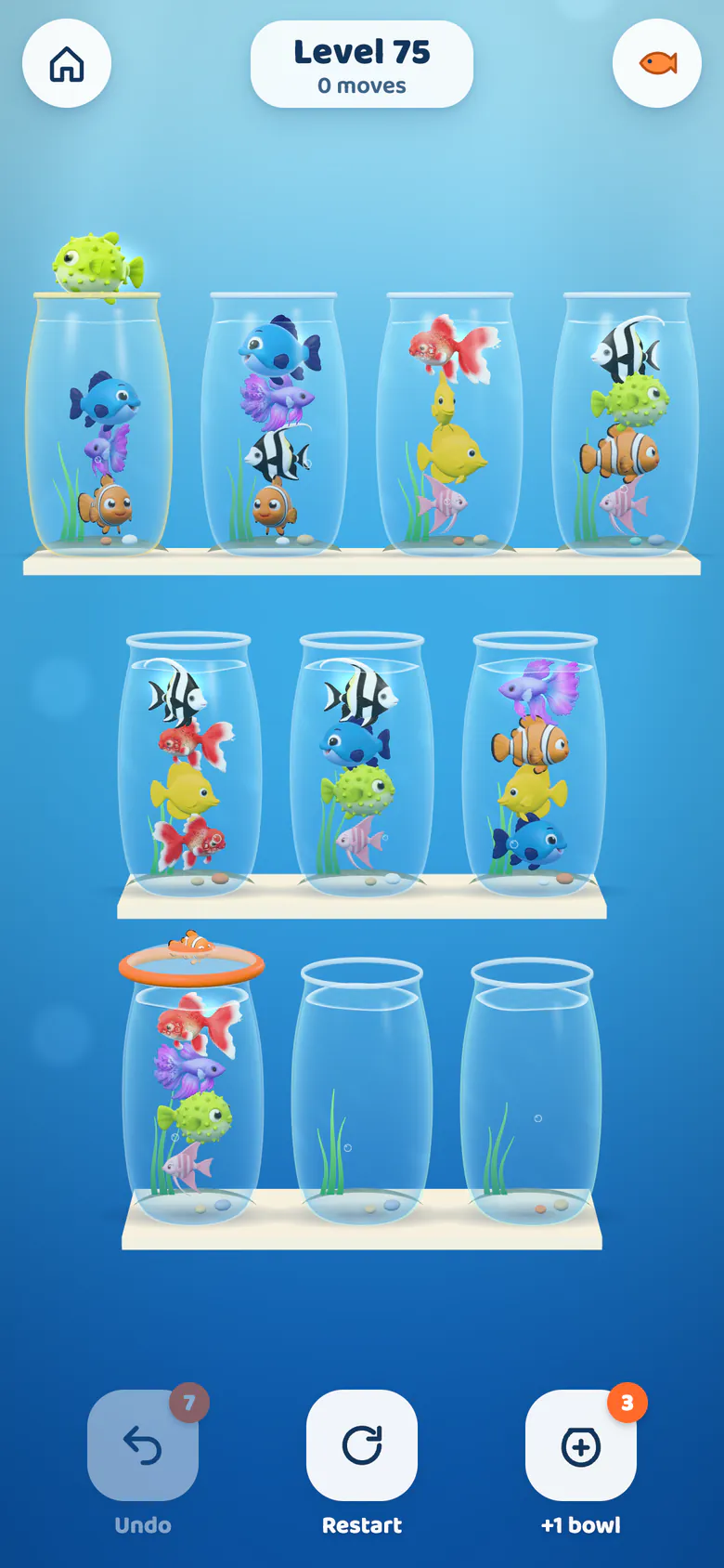 Level 75: ten glass bowls of mixed fish, one bowl under a glass lid, a pufferfish lifted above its bowl.