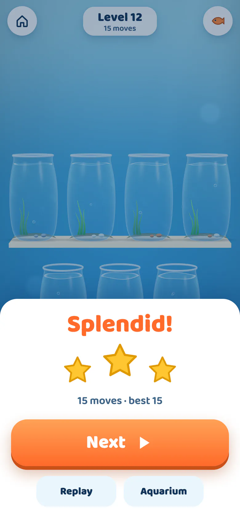 Win sheet saying Splendid! with three gold stars over the emptied bowls.