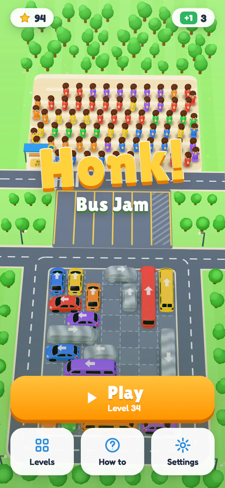 Honk! Bus Jam title screen over a toy-town parking lot packed with cars, vans and buses, and a crowd waiting at the bus stop.