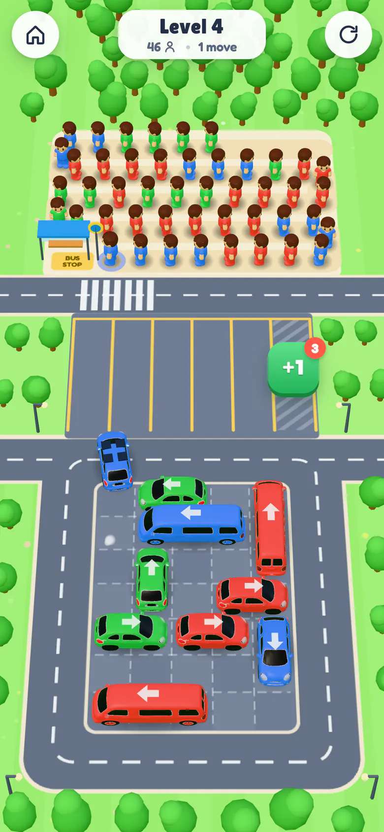 Level 4: a blue car drives out of the lot along the ring road toward the waiting bays.