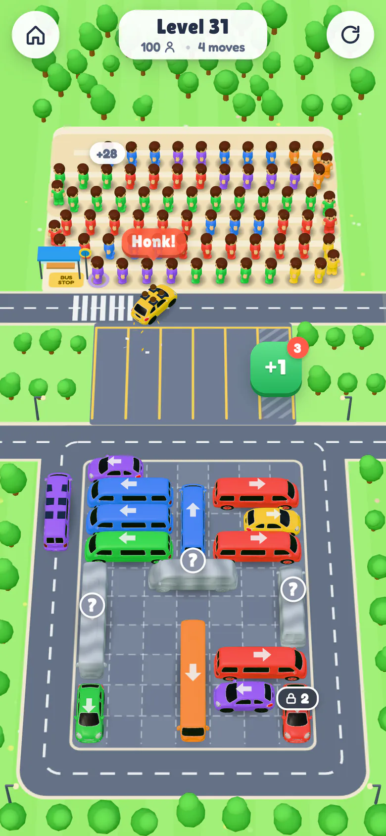 A full yellow car honks and pulls out of its bay while a purple bus heads round the ring road.