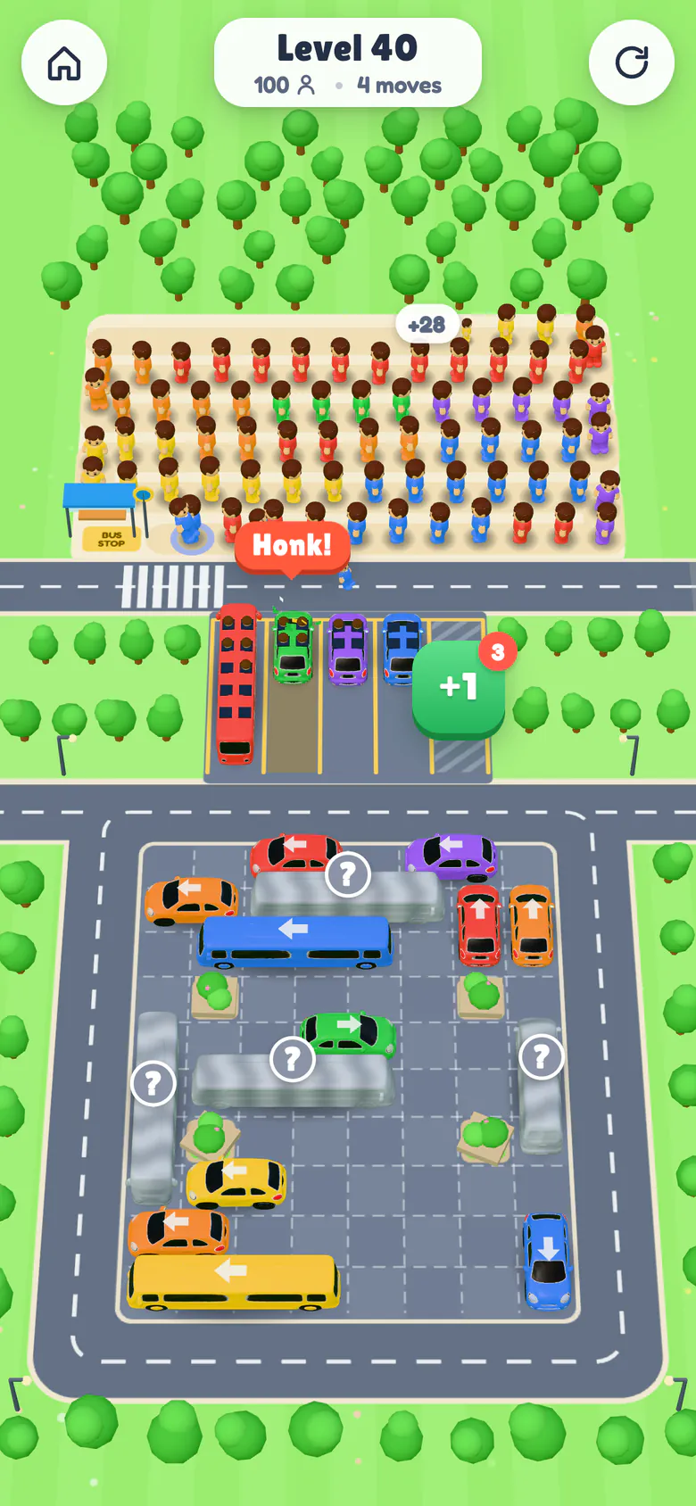 Four vehicles fill the bays as colour-matched passengers hop aboard from a long queue at the bus stop.