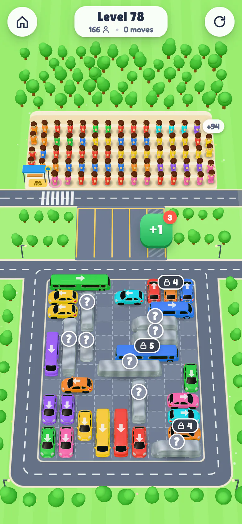 Level 78: a 9×12 lot crowded with vehicles, grey mystery tarps and padlocked cars.