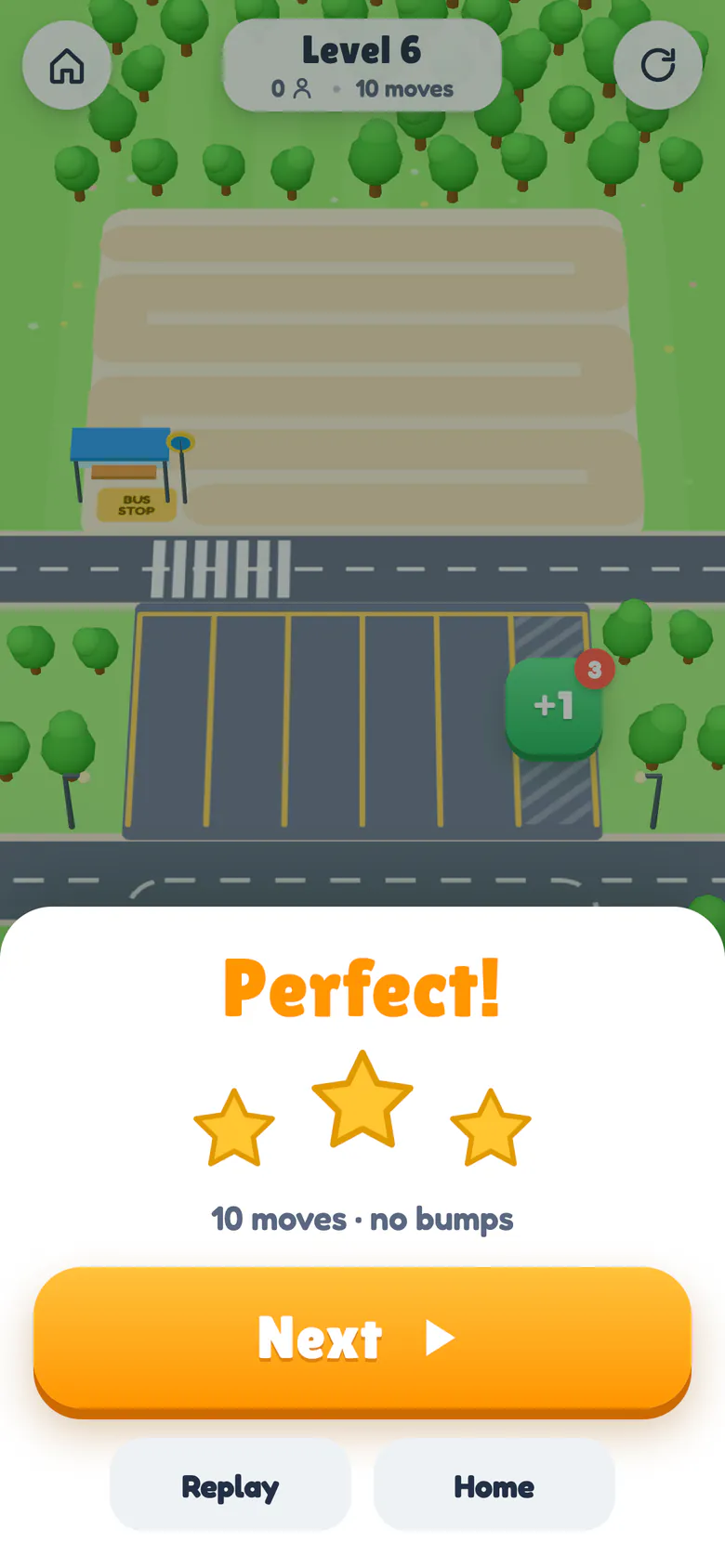 Win sheet saying Perfect! with three gold stars: 10 moves, no bumps.