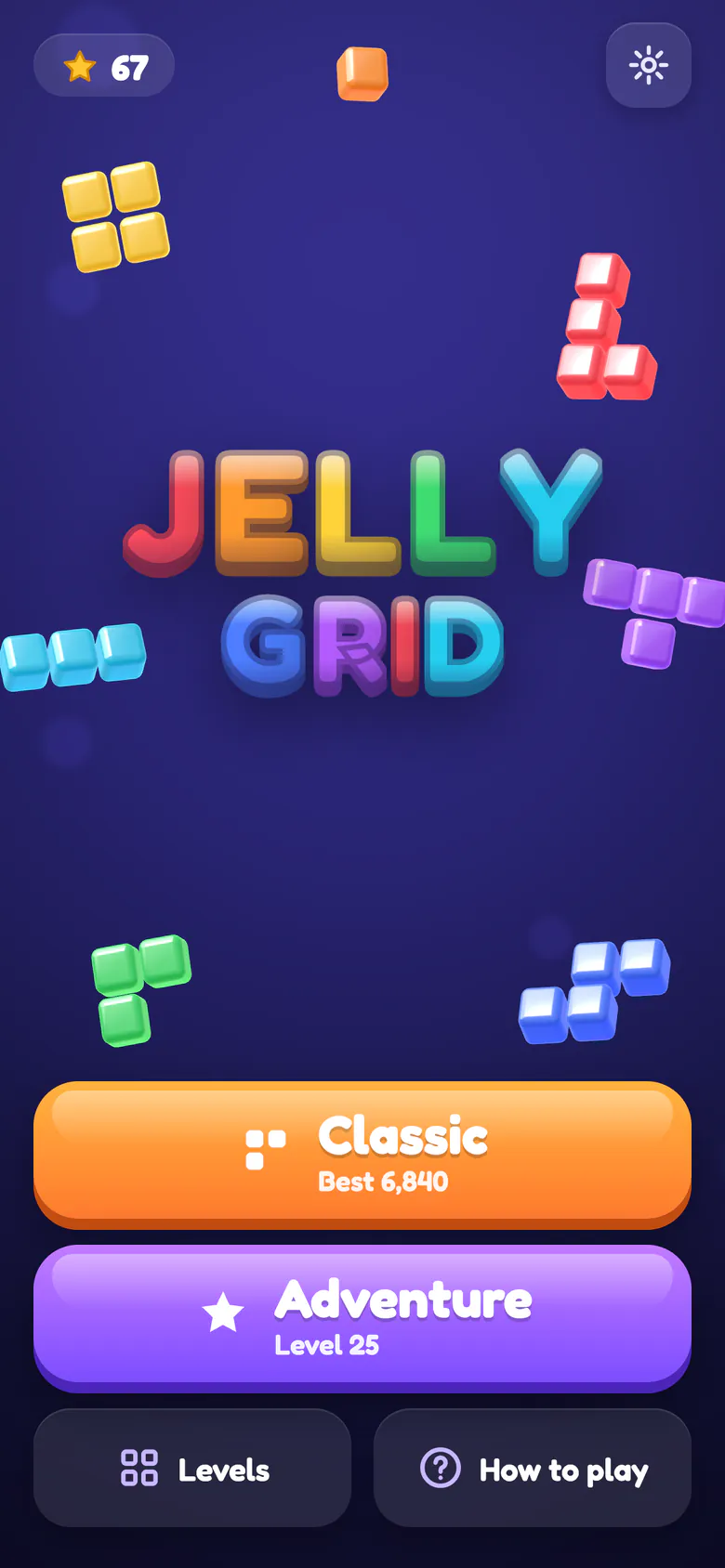Jelly Grid title screen with Classic and Adventure buttons and floating jelly pieces.