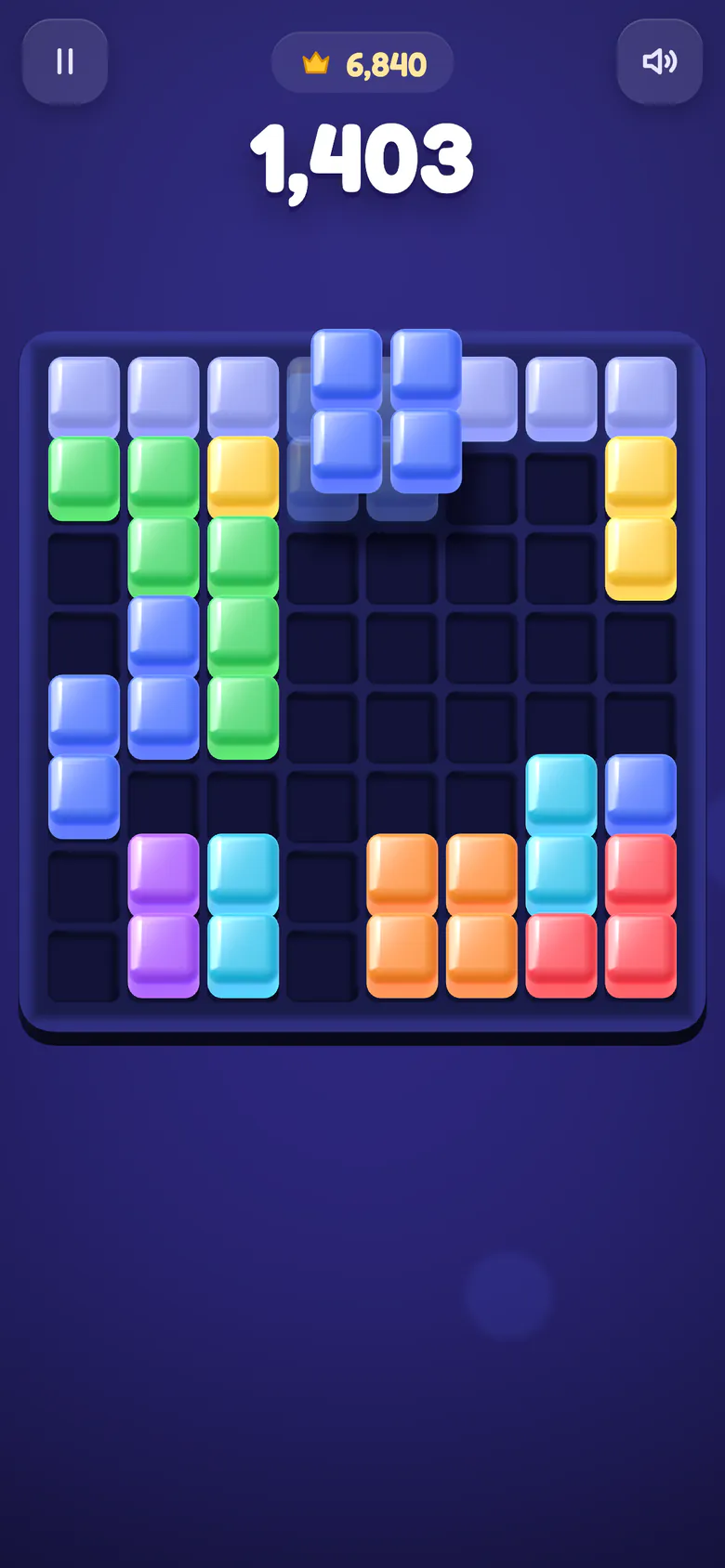 Classic mode: a blue square floats over the board while the row it will complete lights up.