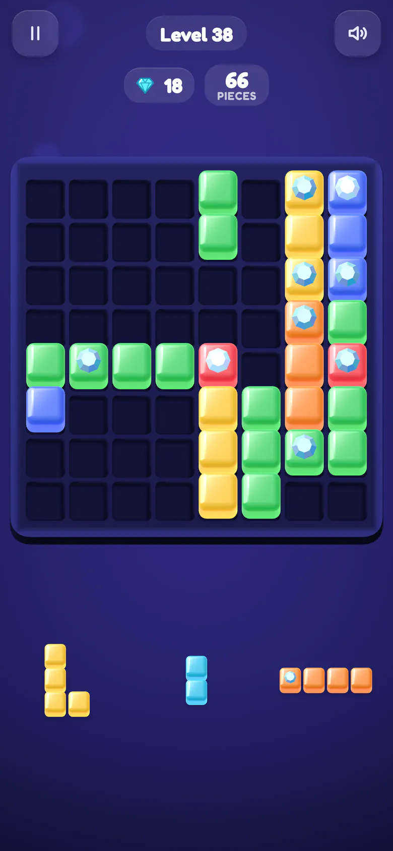 Adventure level 38: a late-game board of multicoloured jelly blocks with embedded gems to collect.
