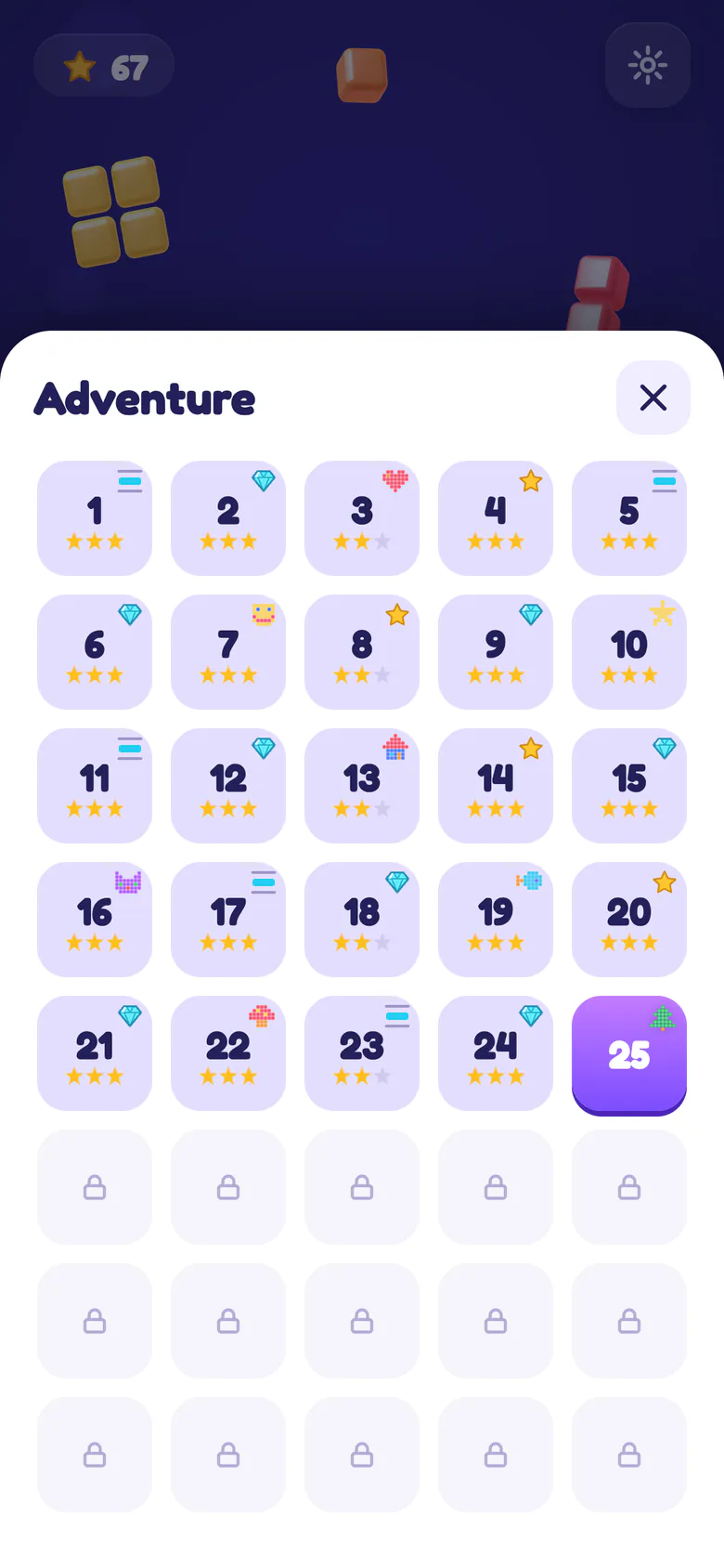 The Adventure level map: levels 1–24 cleared with stars and goal icons, level 25 up next, the rest locked.