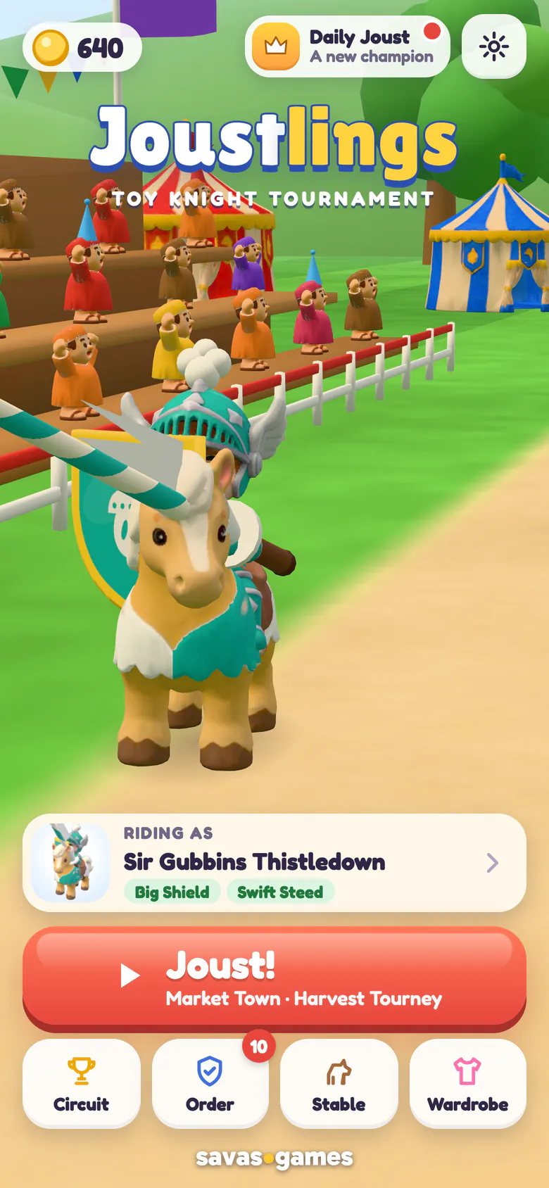 Joustlings home screen: the logo over a little knight on a pony by the tilt barrier, with striped tents and a cheering crowd, the Riding as card for Sir Gubbins Thistledown with his traits, the Joust! button and the Circuit, Order, Stable and Wardrobe buttons.
