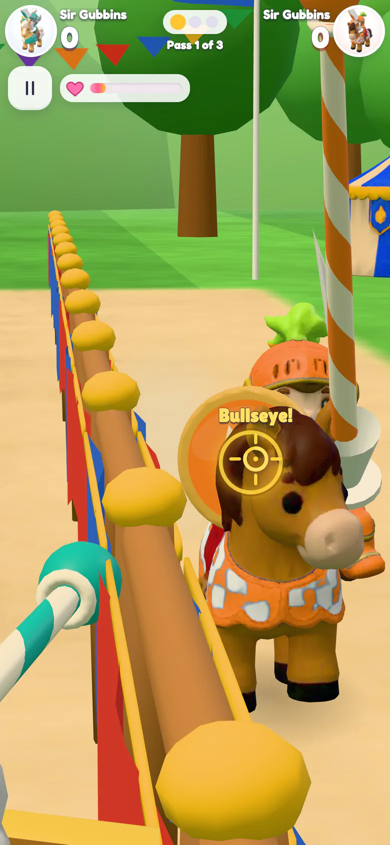 Taking aim: the reticle sits on the gold bullseye ring of the rival's shield as a knight in a carrot-orange helmet charges on a brown pony along the tilt barrier.