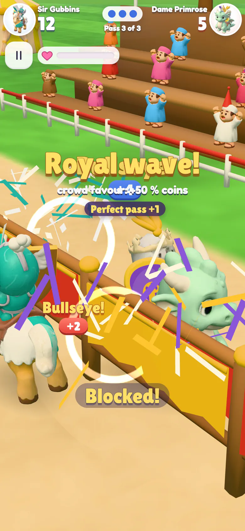 Impact against a legendary knight: foam lances burst into ribbons, the labels read Bullseye! and Blocked!, and the crowd gives a Royal wave worth 50 % more coins.
