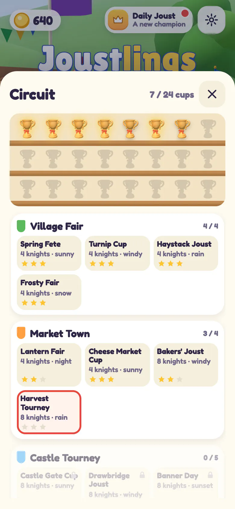 The Circuit: a trophy shelf with 7 of 24 cups won above the tournaments of the Village Fair, Market Town and Castle Tourney, each with its knights, weather and stars.