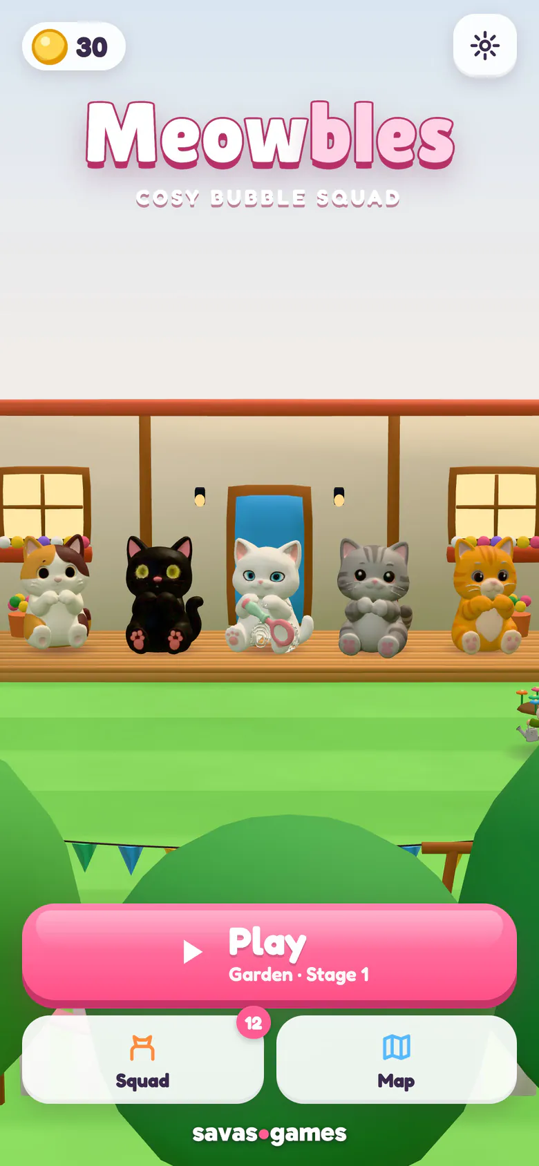 Meowbles home screen: five toy cats sit on a wooden porch under the logo, with the Play button for Garden stage 1 and the Squad and Map buttons.
