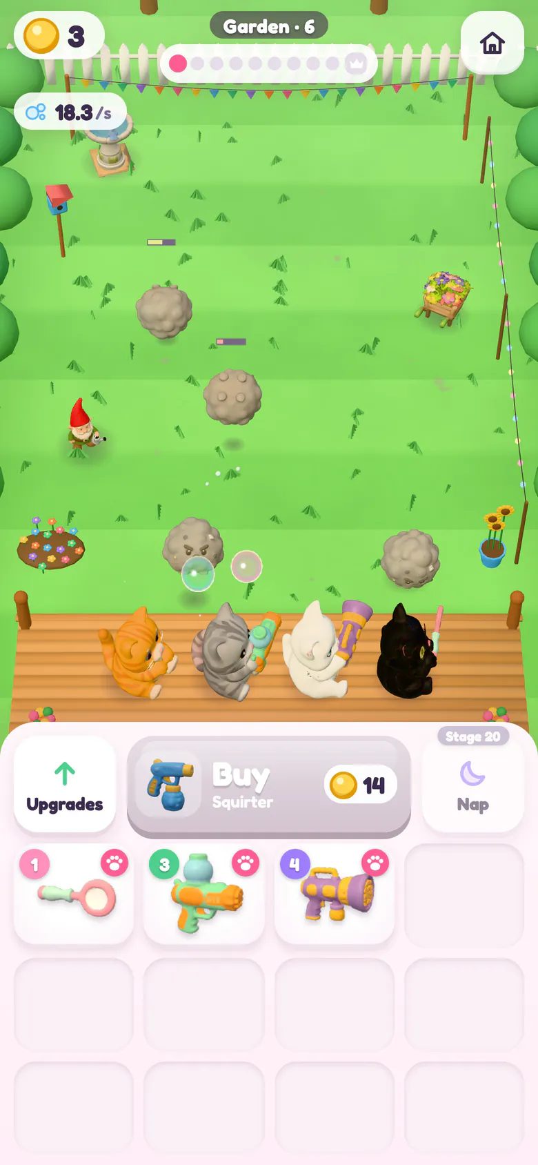 Garden stage 6: grey dust Grumbles roll down a striped lawn towards the porch while the cats fire bubbles at them, with three blasters in the merge grid below.