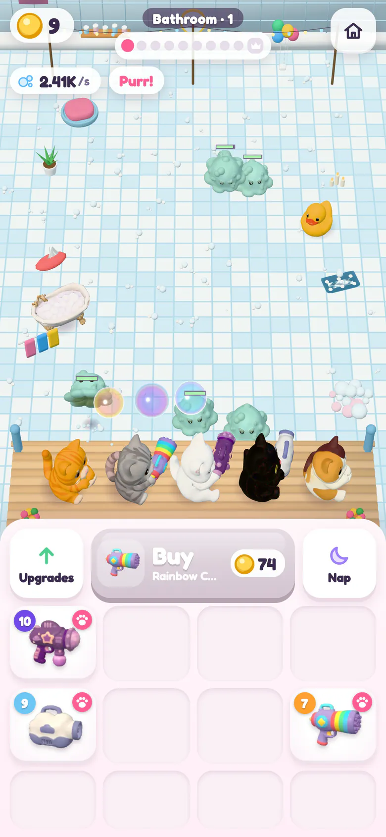 Bathroom stage 1: green soap Grumbles cross a tiled floor past a bathtub and a rubber duck while five cats fire colourful bubbles, with merged blasters in the grid below.