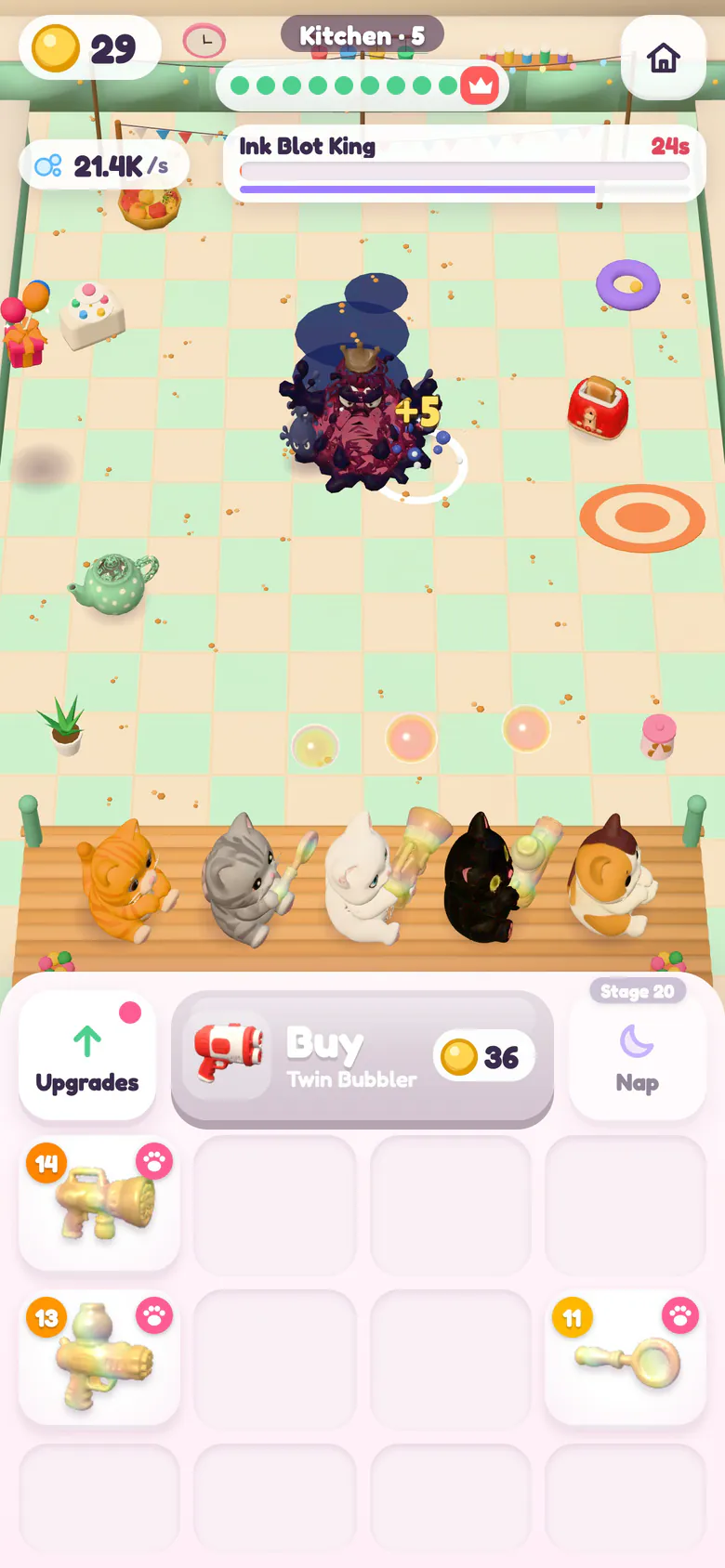A kitchen boss fight: the Ink Blot King, a dark blot with a tiny crown, under its health bar and timer while the cats pelt it with bubbles on a checked floor.