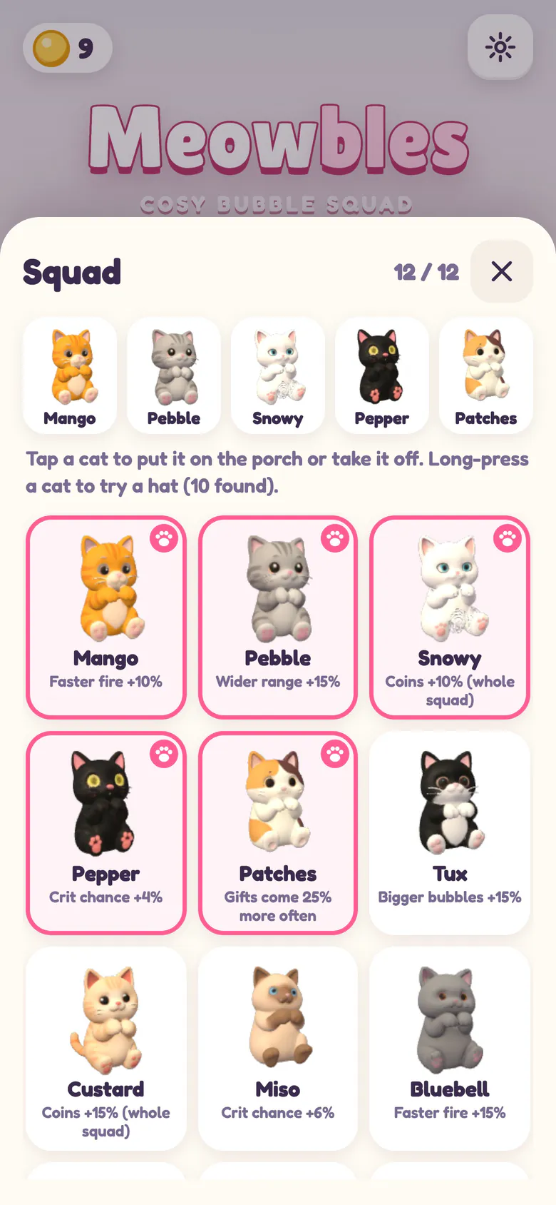 The Squad sheet: twelve cats, each with its own bonus (Mango fires faster, Pebble shoots further, Patches brings more gifts), five of them chosen for the porch.