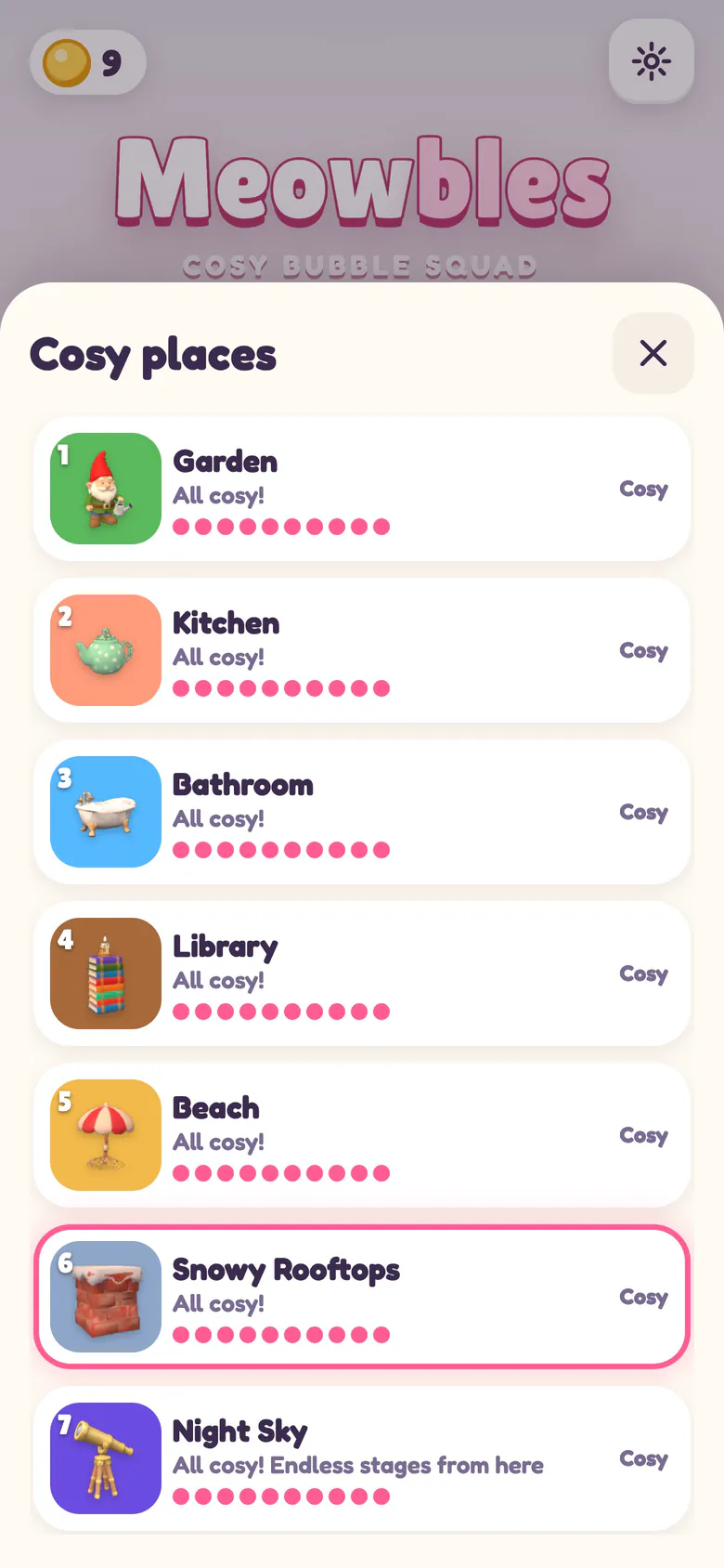 The Cosy places map: Garden, Kitchen, Bathroom, Library, Beach, Snowy Rooftops and Night Sky, each with its row of cleared stages.