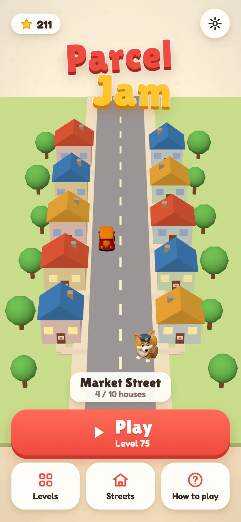 Parcel Jam home screen: the logo above Market Street, a road lined with colourful houses, the little red mail van parked mid-street, a corgi mail carrier and the Play button for level 75.