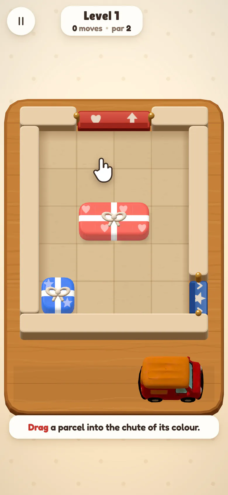 Level 1: a pointing hand shows the first move, dragging the red parcel up into the red chute, with the hint Drag a parcel into the chute of its colour.