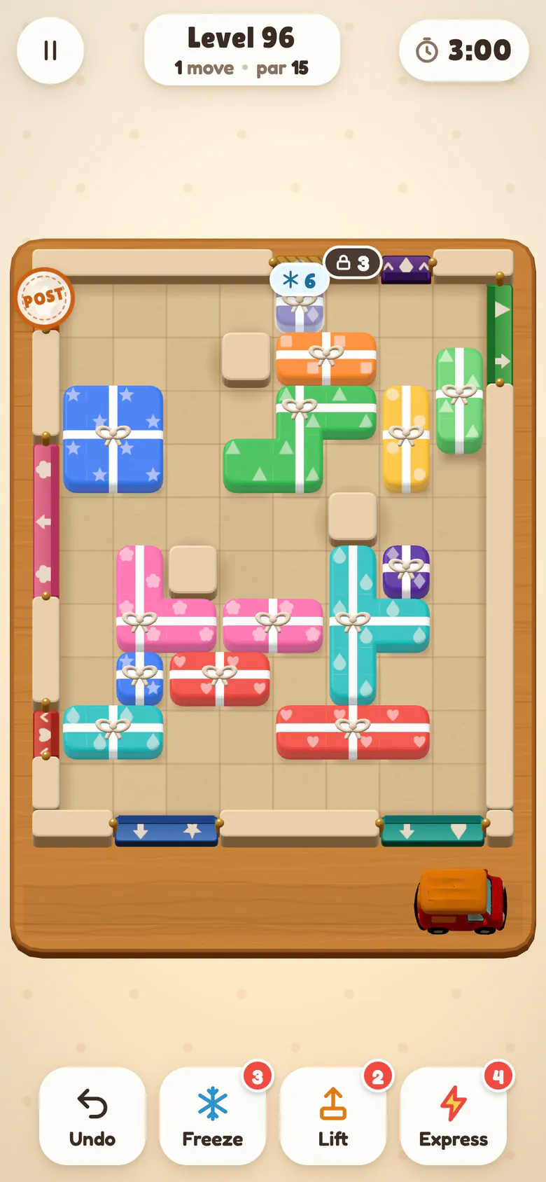 Level 96: a sorting table packed with wrapped parcels in eight colours; a postmark stamp pops as one parcel leaves through its chute while a green parcel heads for its own.