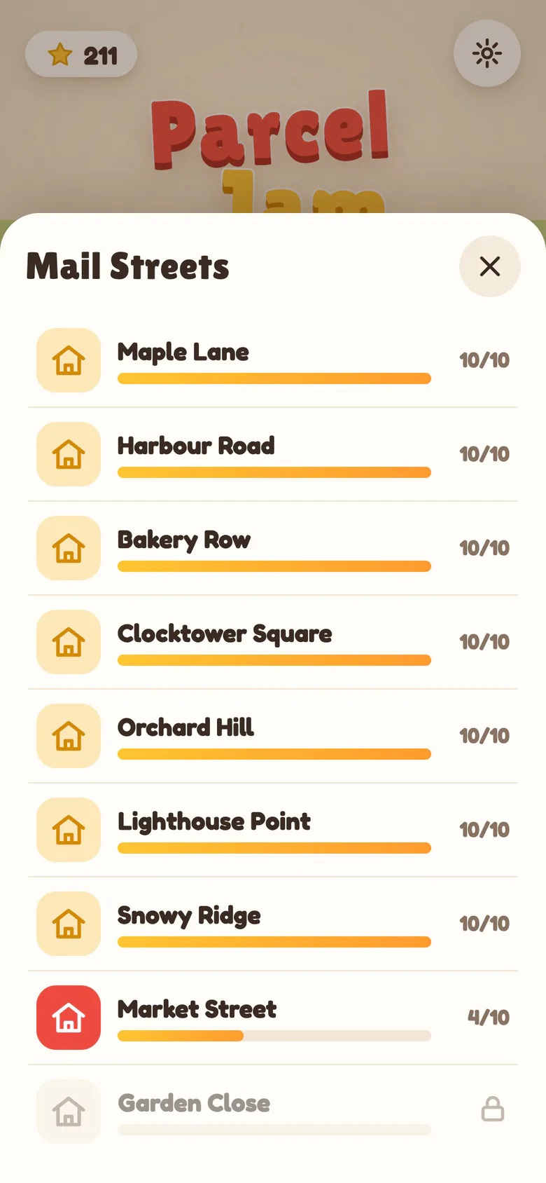 The Mail Streets list: seven streets with all ten houses lit, Market Street at 4 of 10 and the next street still locked.