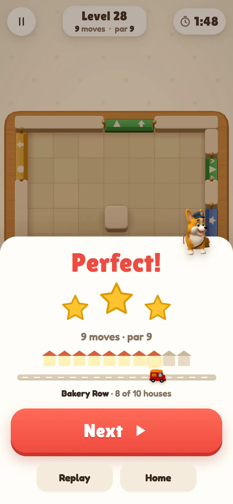 Win sheet saying Perfect! with three gold stars and 9 moves at par 9, a row of houses with the eighth one newly lit and the little red van driving up to it, a corgi mail carrier peeking over the top.