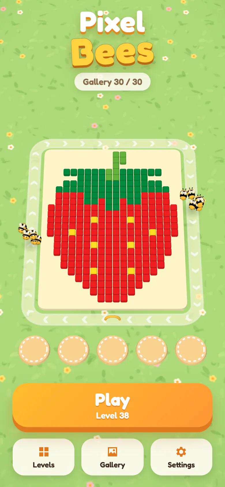 Pixel Bees title screen: a pixel strawberry made of cubes with honey bees circling it, and the Play button.