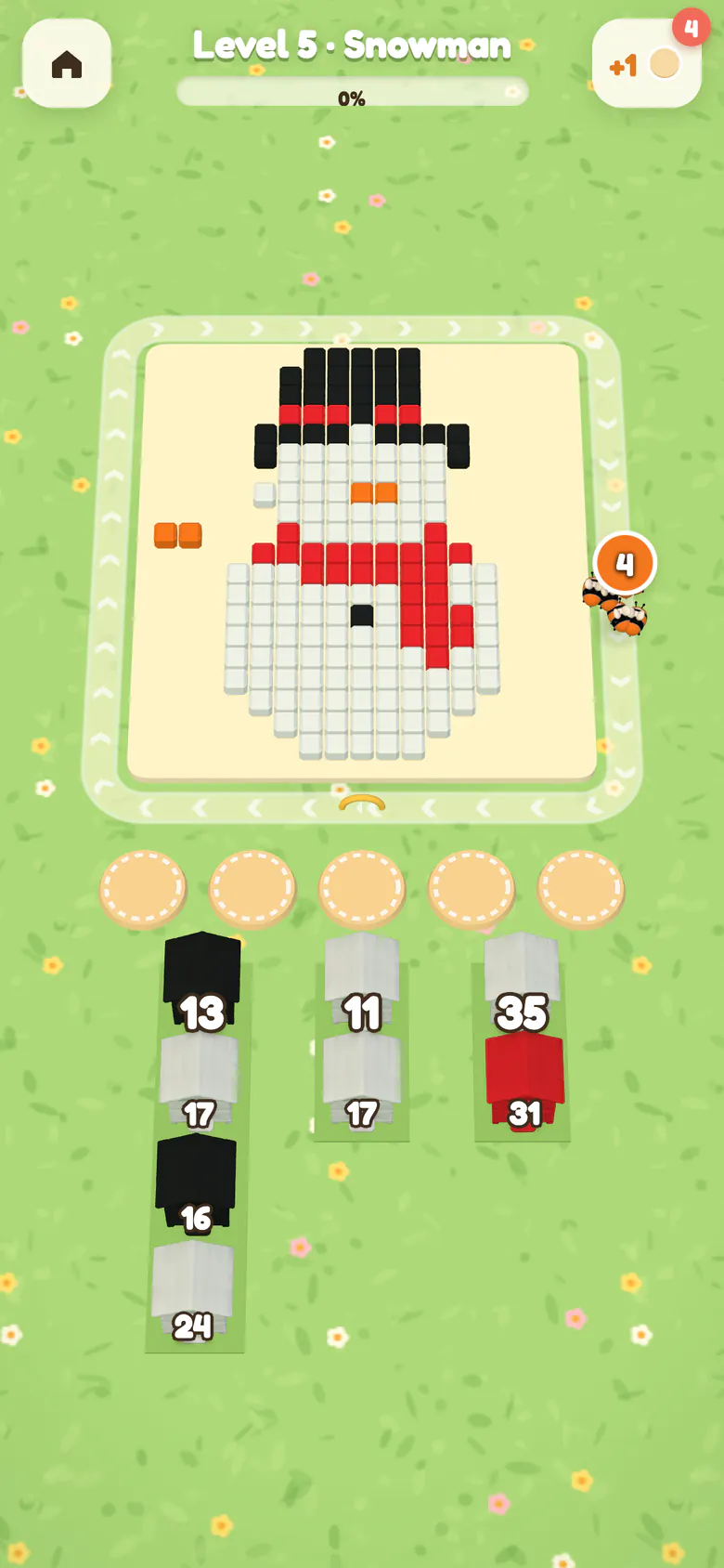 Level 5: a pixel snowman with a bee swarm on the flight loop and colour-coded hives with bee counts below.