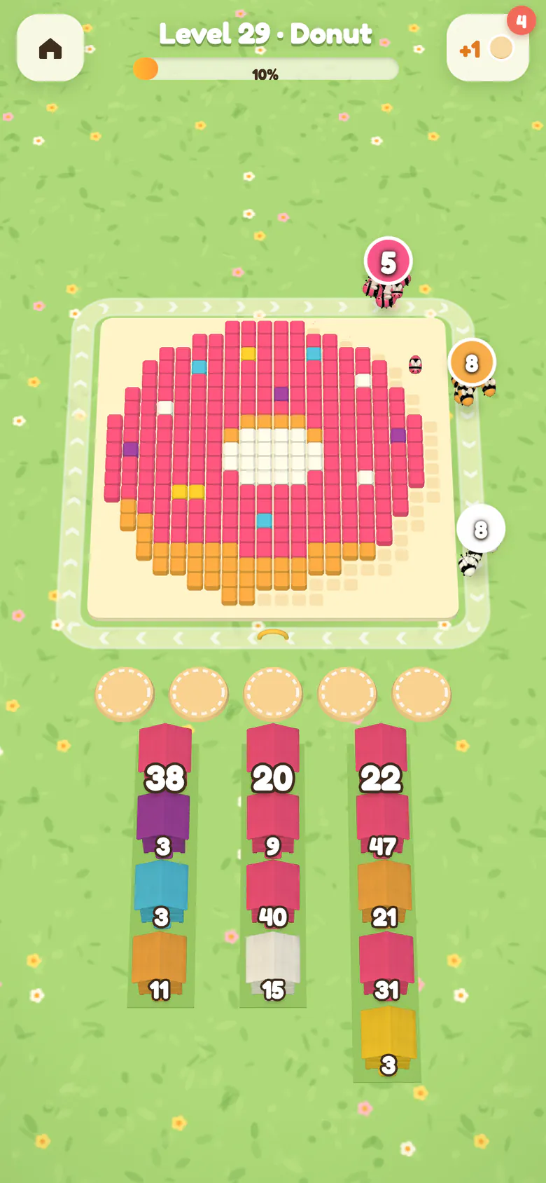 Three bee swarms circle a pixel donut and carry away cubes of their own colour.