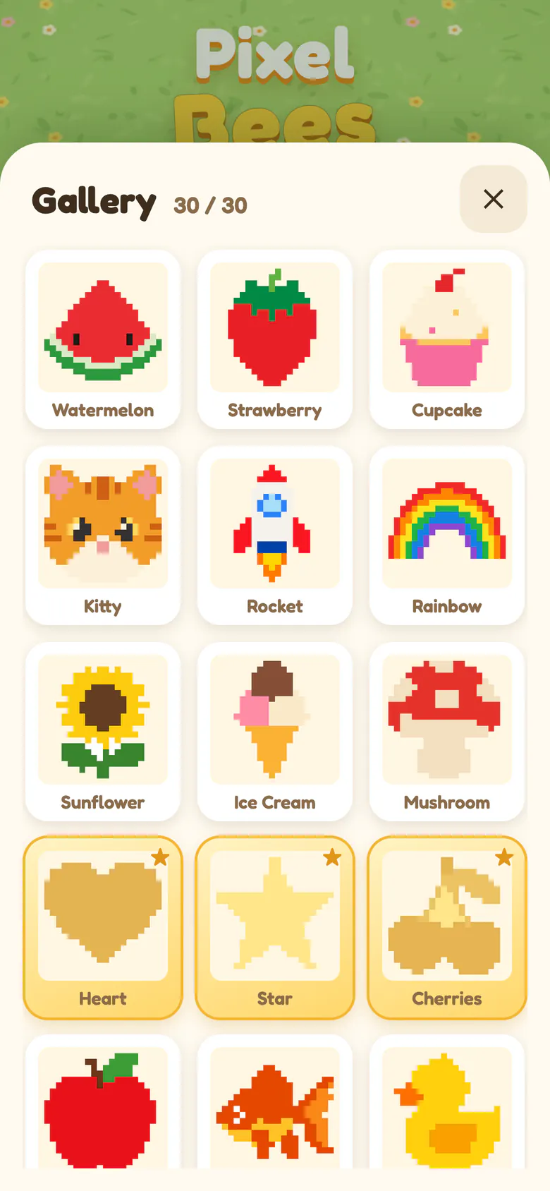 The Gallery of finished pixel pictures, with golden frames for the big versions.