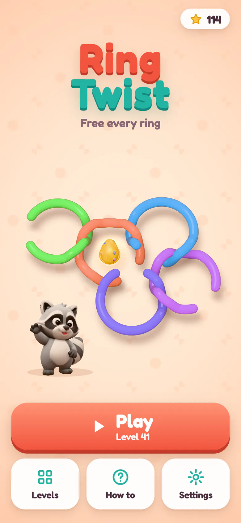 Ring Twist title screen: a cluster of glossy linked rings around a golden egg, with a raccoon mascot and the Play button.