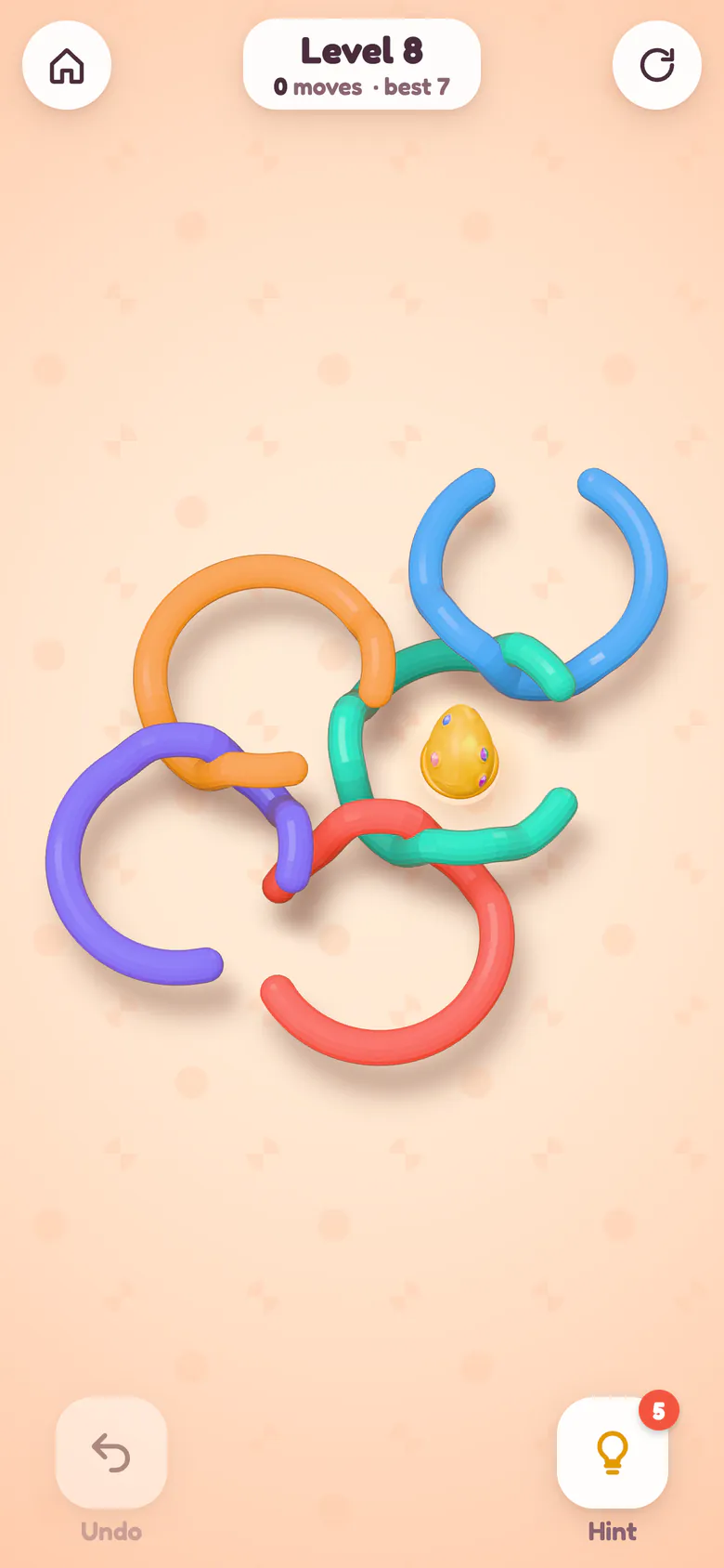 Level 8: candy-coloured C-shaped rings hooked together around a golden egg.