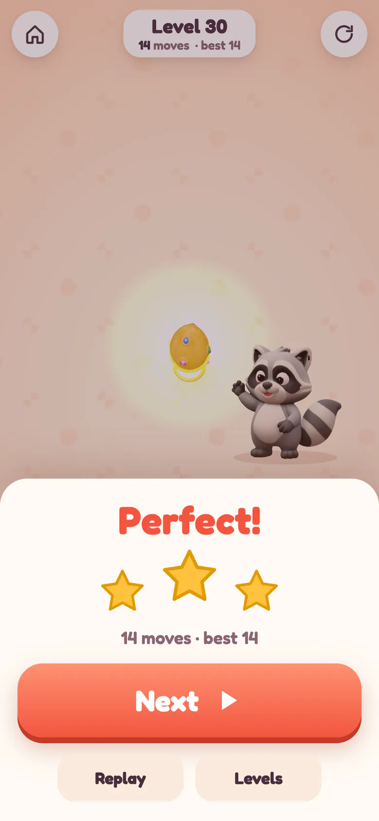 Win sheet saying Perfect! with three stars, the risen golden egg and the waving raccoon.