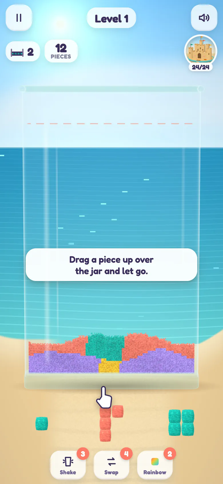 Level 1: a pointing hand lifts a coral sand block from the tray toward a tall glass jar with layers of coloured sand, with the hint Drag a piece up over the jar and let go.