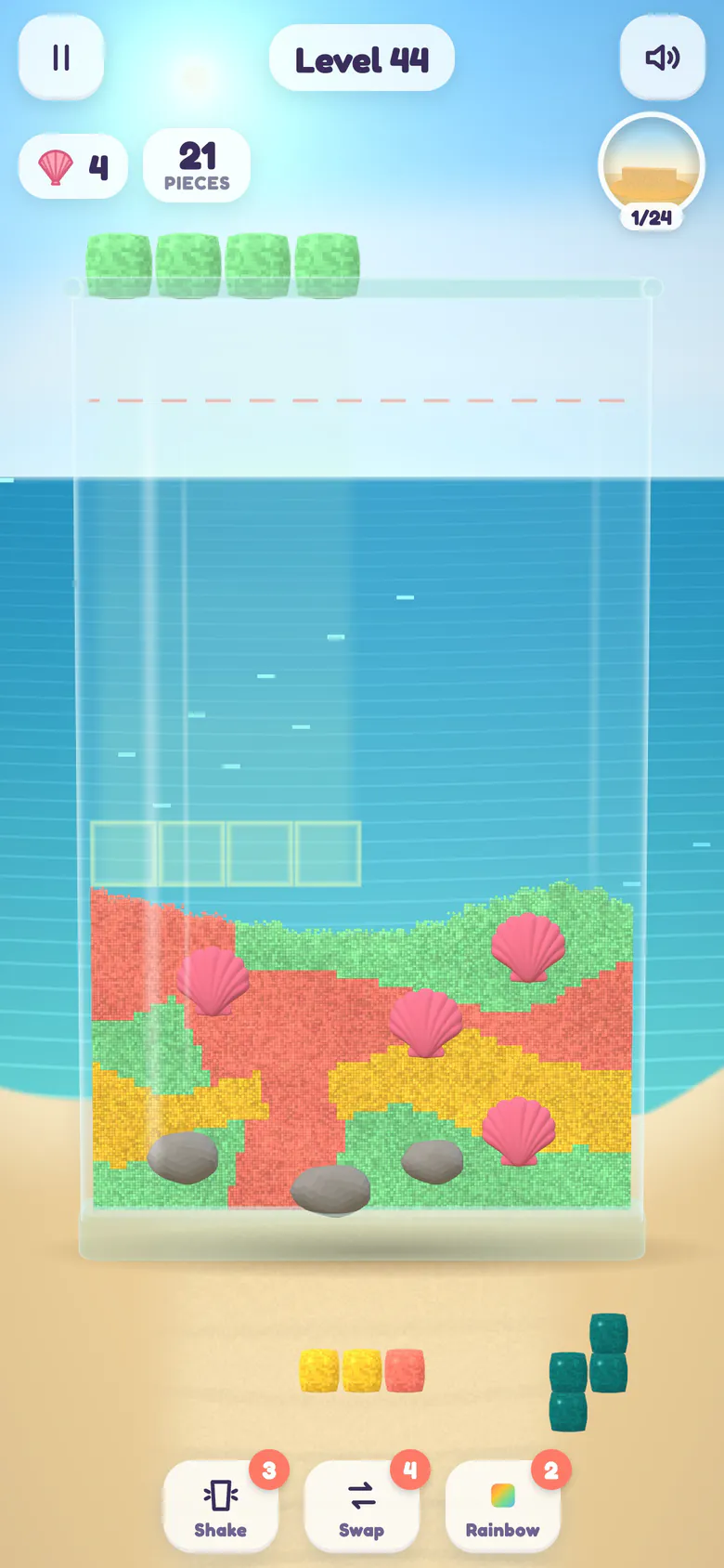 Level 44: a glass jar of coral, mint and sun-yellow sand with four pink shells and grey pebbles buried inside, while a mint block hovers above the jar and an outline marks where it will land.