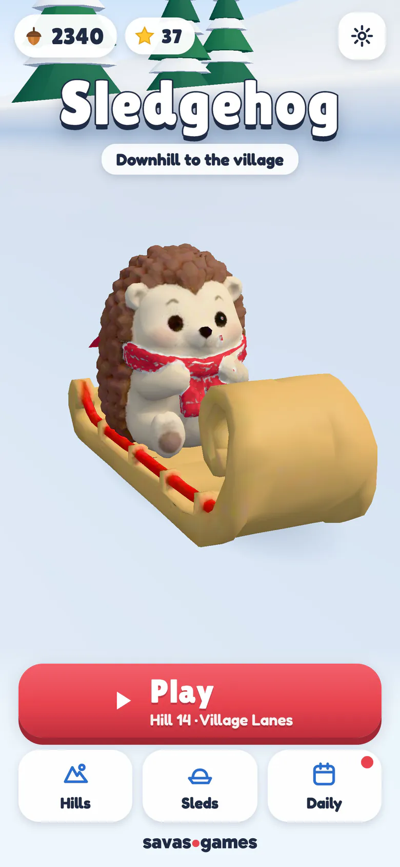 Sledgehog home screen: the logo and the line downhill to the village above a hedgehog in a red knitted scarf sitting on a wooden toboggan, with the Play button for Hill 14 in Village Lanes, the Hills, Sleds and Daily buttons, and counters for 2340 acorns and 37 stars.