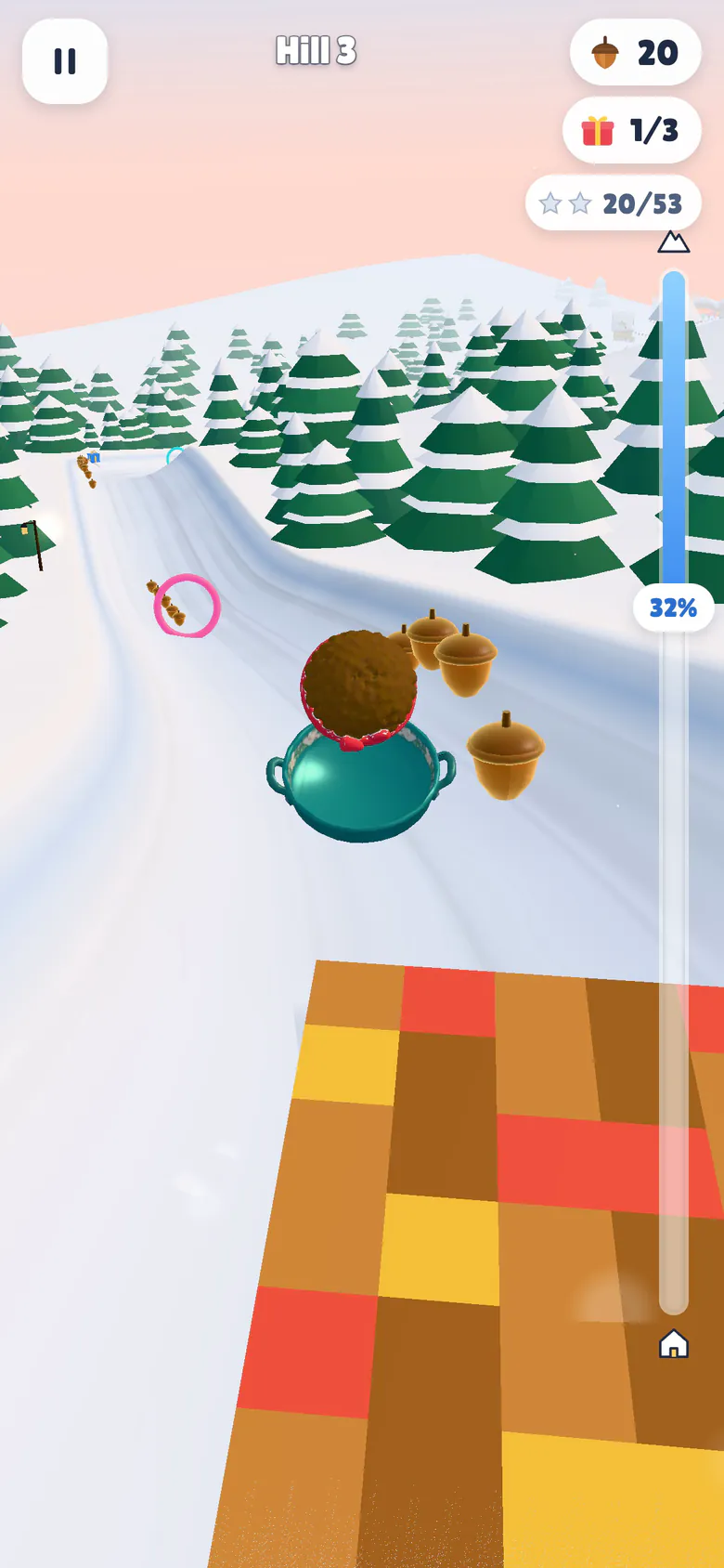 Hill 3 on Pinewood Hill: just off a ramp the hedgehog has curled into a spiky ball above its tumbling teal tea tray, with a curve of acorns beside it and a ring waiting further down the slope.