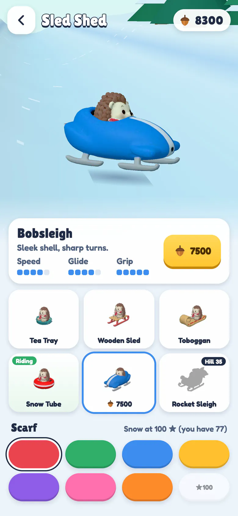 The Sled Shed: the hedgehog sits in a blue bobsleigh turning on its stand above the Bobsleigh card with its speed, glide and grip bars and a 7500-acorn buy button, a rack of six sleds from the tea tray to a locked rocket sleigh marked Hill 35, and a row of scarf colours.