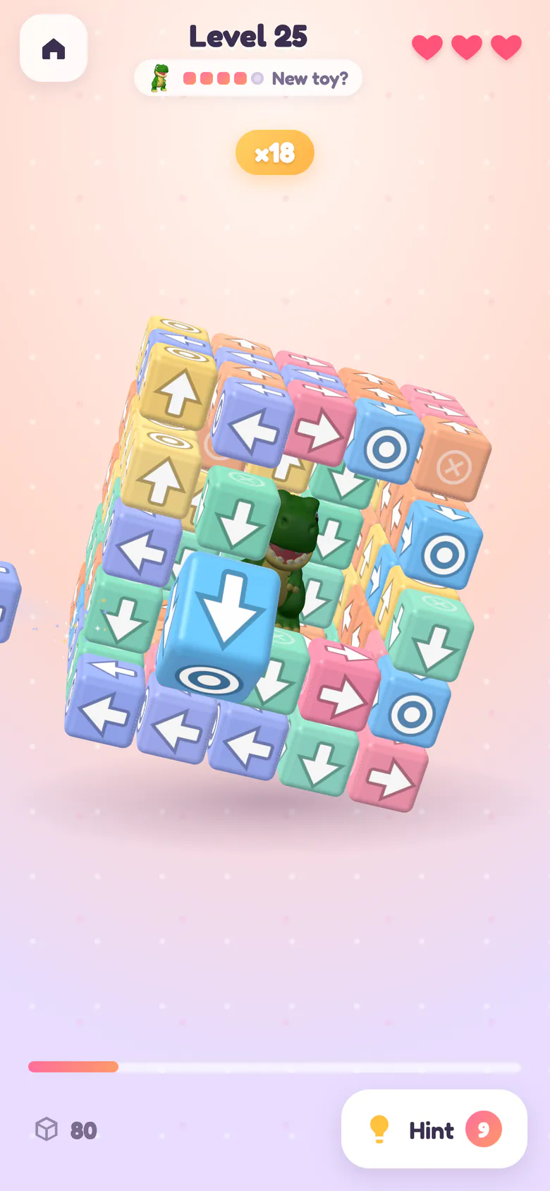 A 5×5×5 cube mid-level: a block flies toward the camera, a ×18 combo pill glows and a green dinosaur toy peeks through a gap.