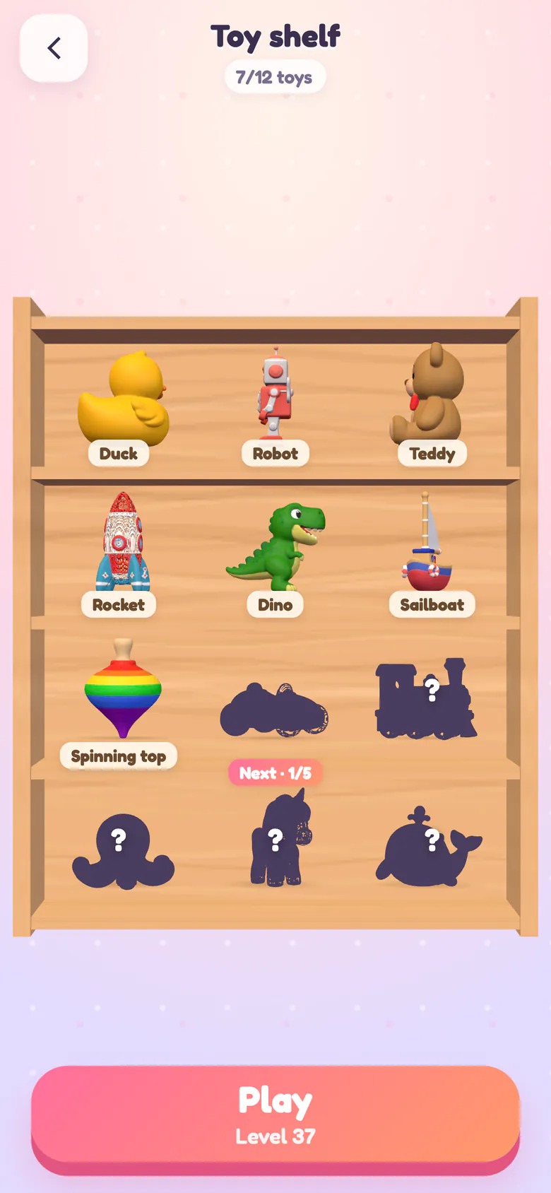 The toy shelf: seven unboxed toys (duck, robot, teddy, rocket, dino, sailboat, spinning top) and dark silhouettes of the toys still to find.