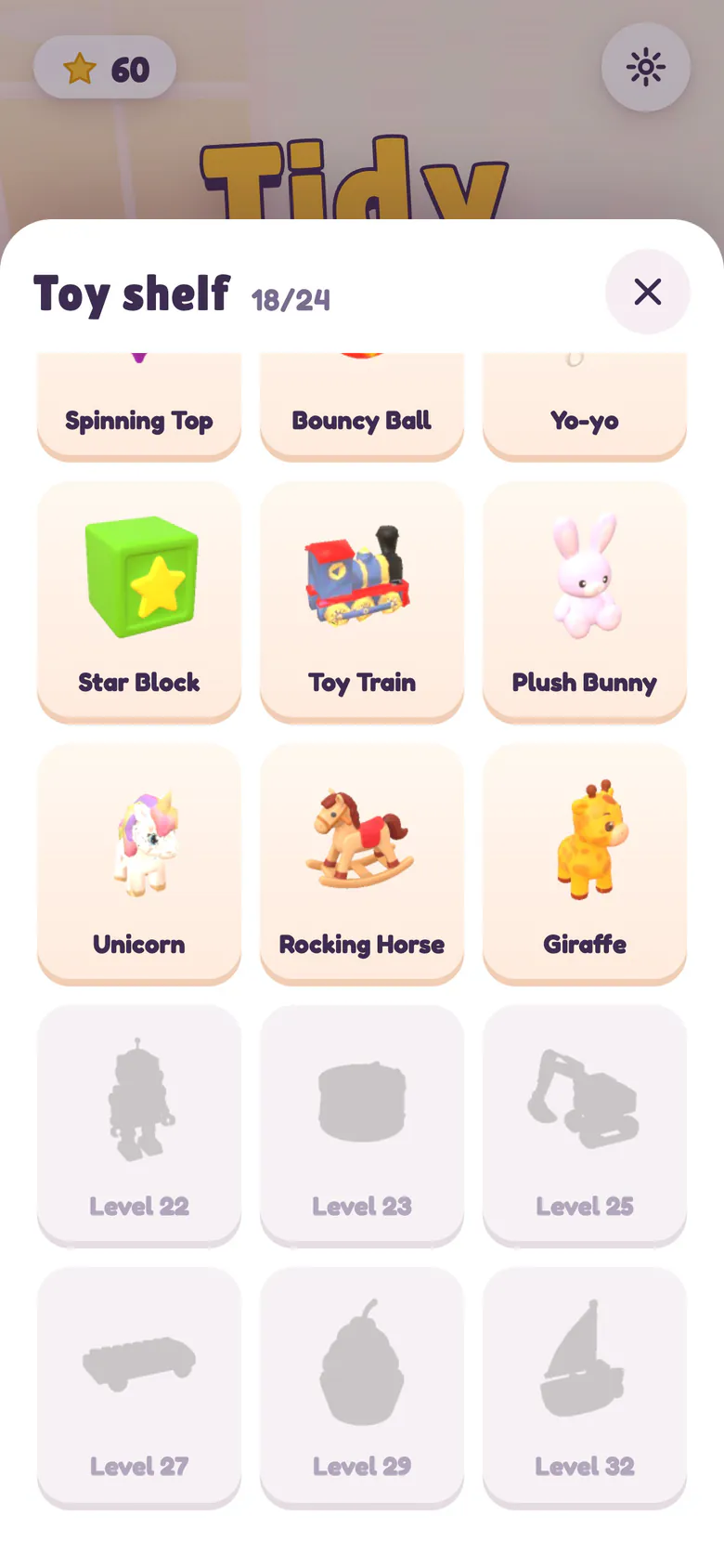 The Toy shelf at 18 of 24: cards for the star block, toy train, plush bunny, unicorn, rocking horse and giraffe, and grey silhouettes of the six toys still to come with the level each one arrives on.